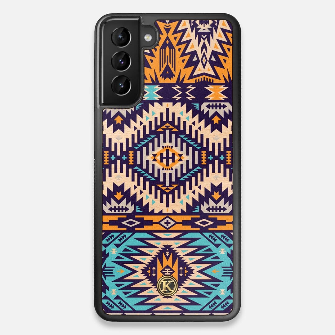 Front view of the vibrant Aztec printed Maple Wood Galaxy S21+ Case by Keyway Designs