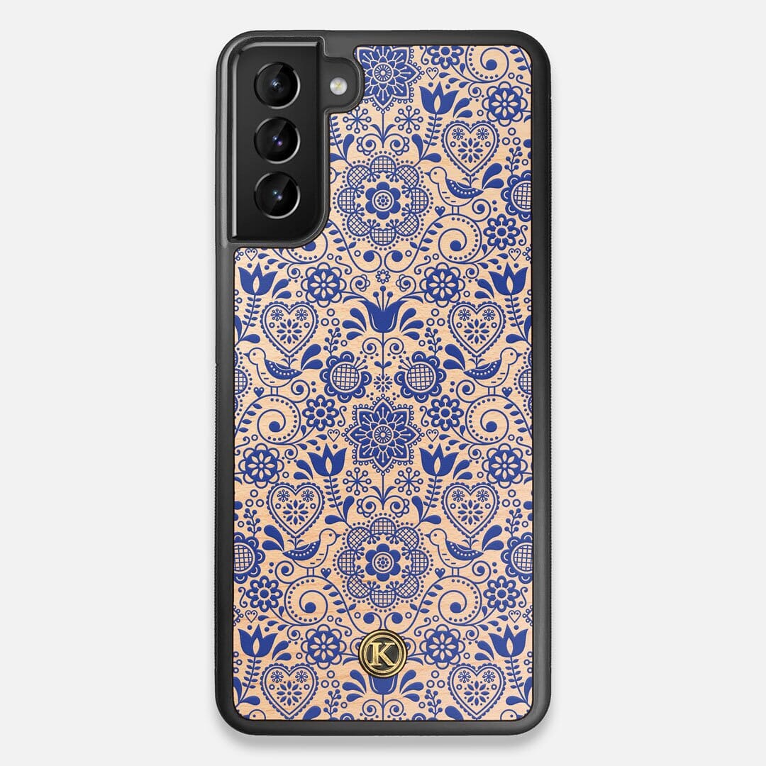 Front view of the blue floral pattern on maple wood Galaxy S21+ Case by Keyway Designs