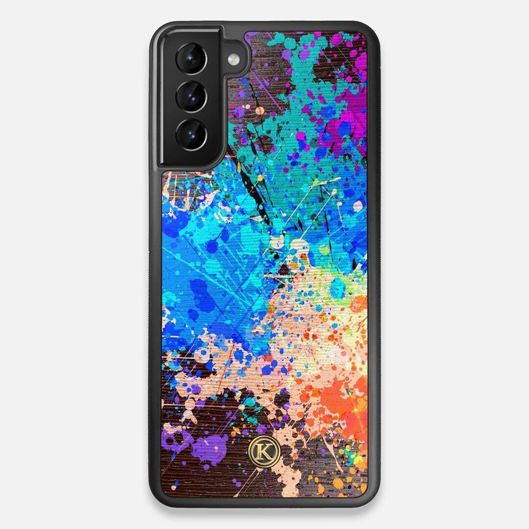 Front view of the realistic paint splatter 'Chroma' printed Wenge Wood Galaxy S21+ Case by Keyway Designs