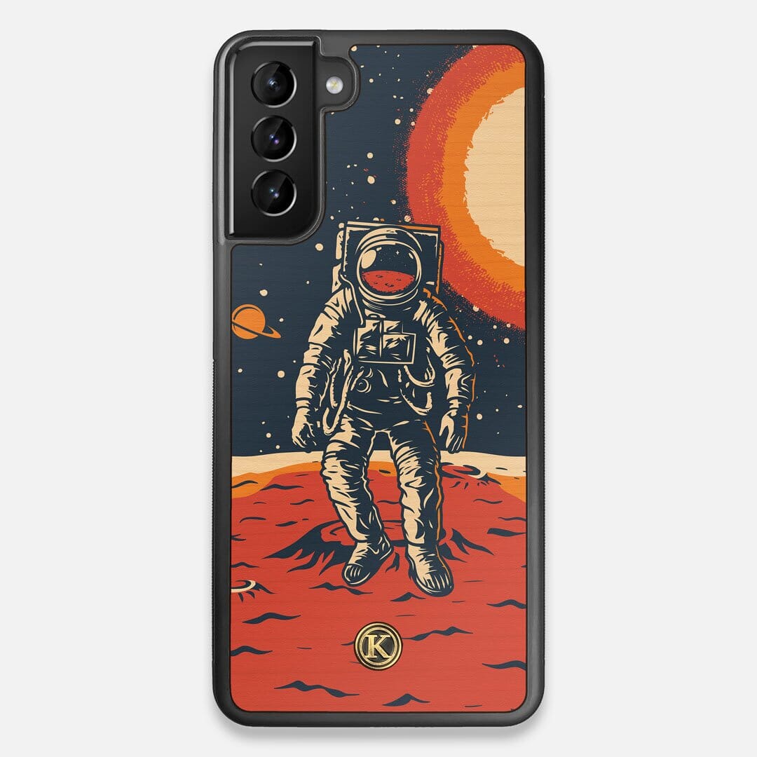 Front view of the stylized astronaut space-walk print on Cherry wood Galaxy S21+ Case by Keyway Designs