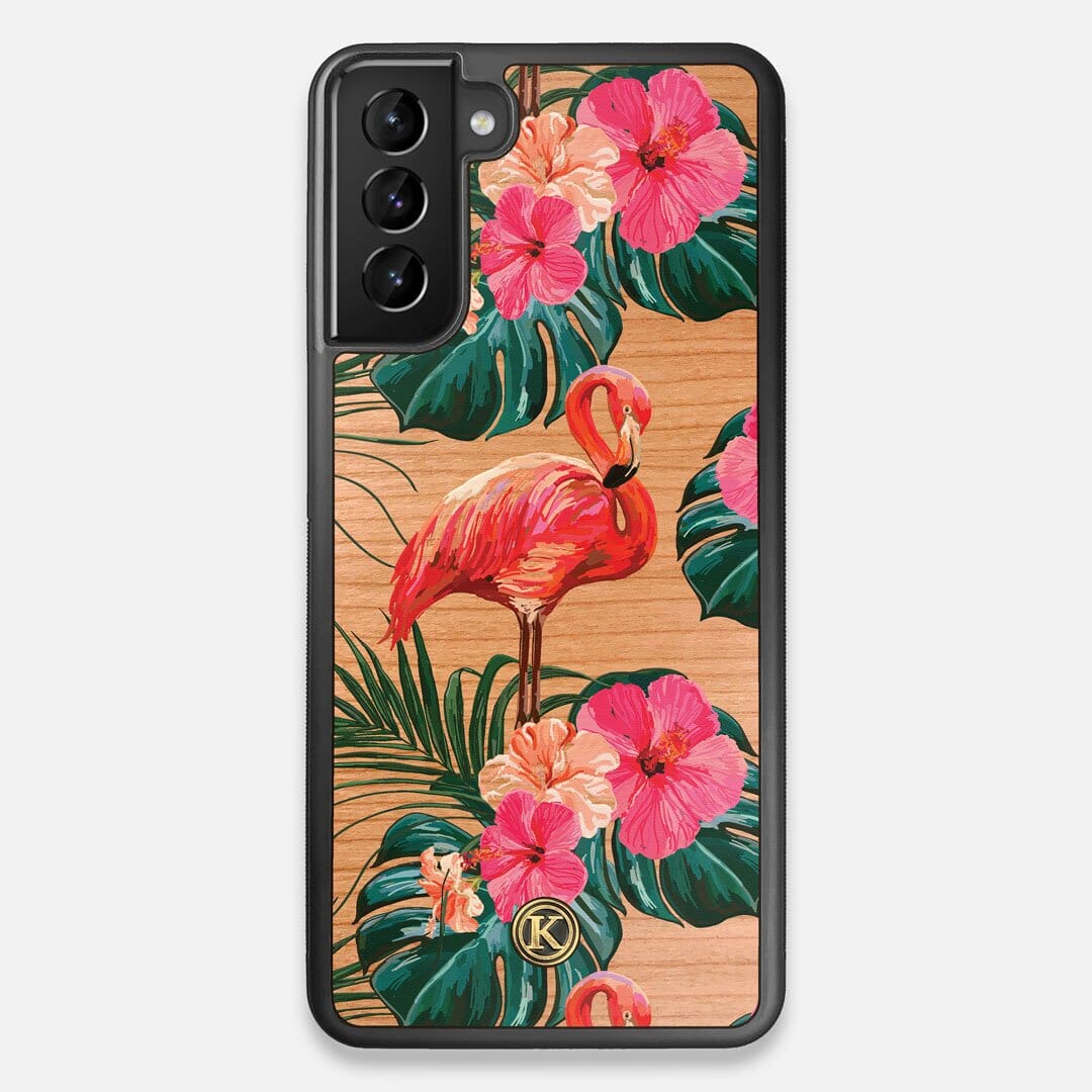 Front view of the Flamingo & Floral printed Cherry Wood Galaxy S21+ Case by Keyway Designs
