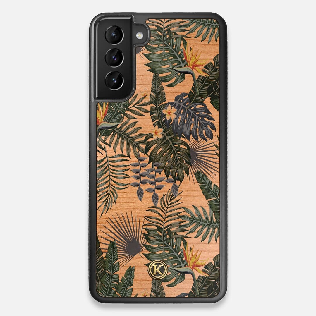 Front view of the Floral tropical leaf printed Cherry Wood Galaxy S21+ Case by Keyway Designs