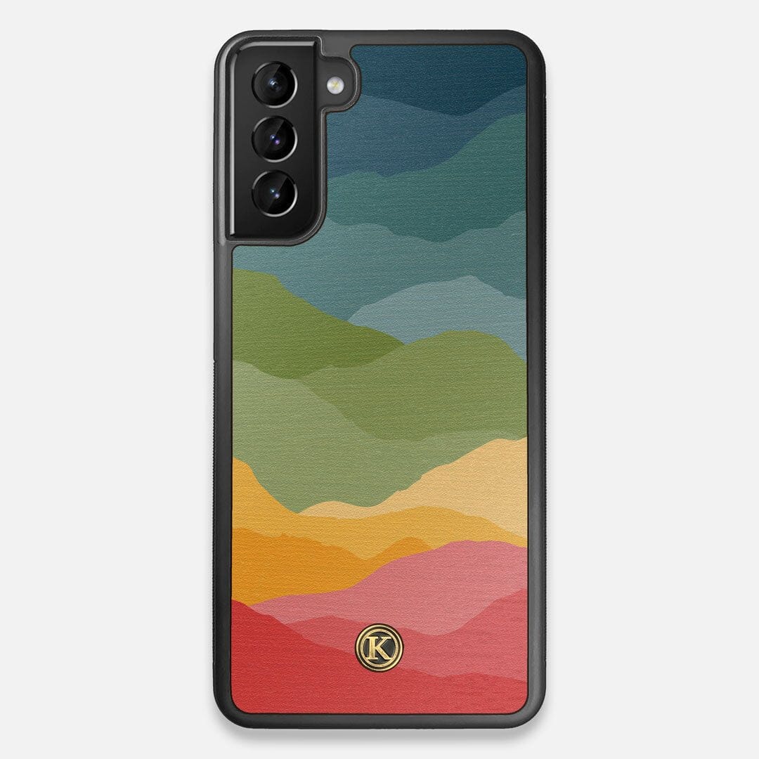 Front view of the vibrant flowing rainbow print on Wenge wood Galaxy S21+ Case by Keyway Designs