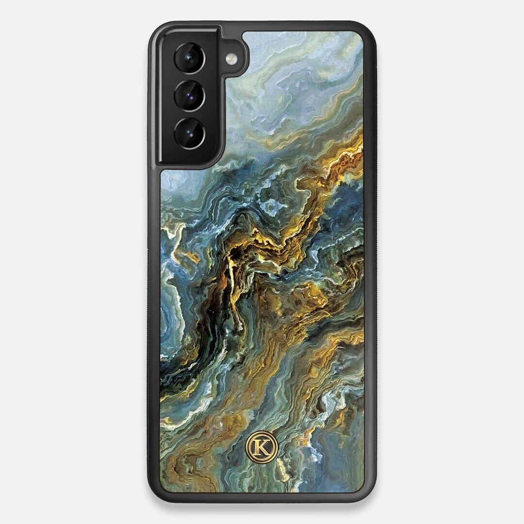 Front view of the vibrant and rich Blue & Gold flowing marble pattern printed Wenge Wood Galaxy S21+ Case by Keyway Designs