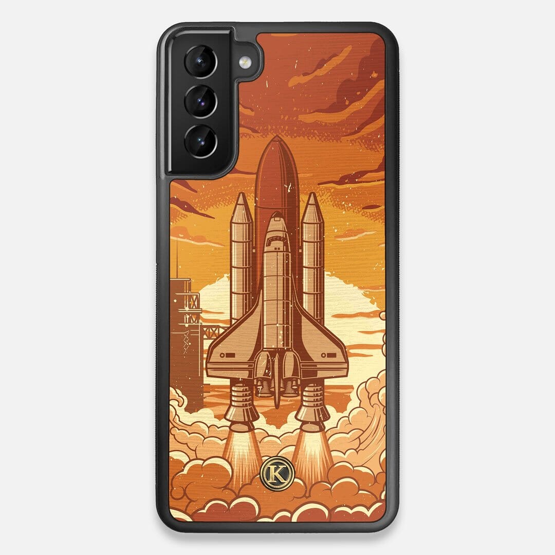 Front view of the vibrant stylized space shuttle launch print on Wenge wood Galaxy S21+ Case by Keyway Designs
