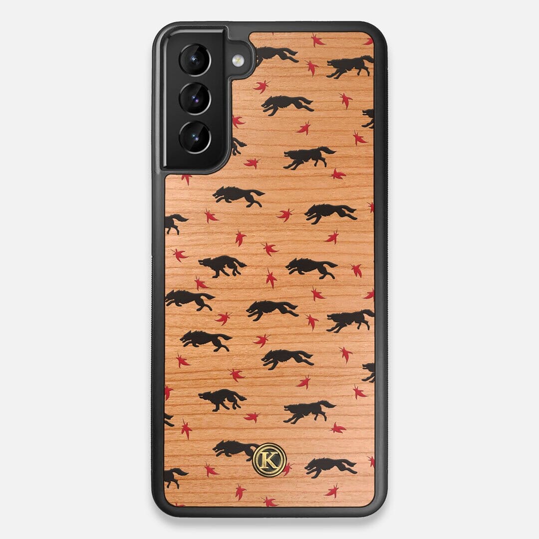 Front view of the unique pattern of wolves and Maple leaves printed on Cherry wood Galaxy S21+ Case by Keyway Designs