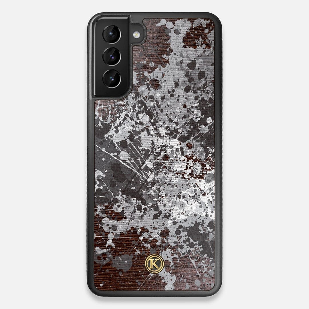 Front view of the aggressive, monochromatic splatter pattern overprintedprinted Wenge Wood Galaxy S21+ Case by Keyway Designs