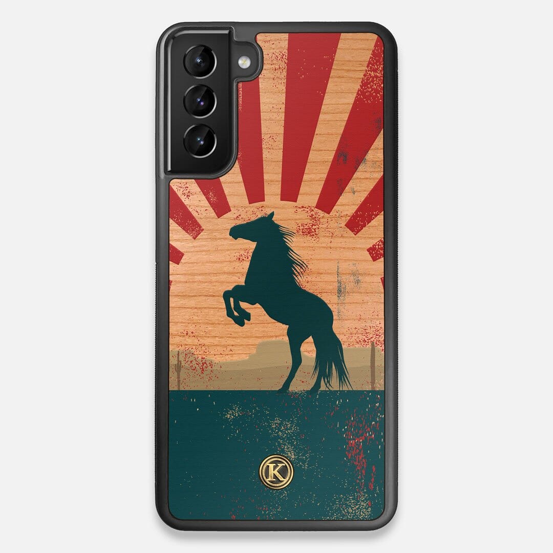 Front view of the epic mustang rearing up printed on Cherry wood Galaxy S21+ Case by Keyway Designs