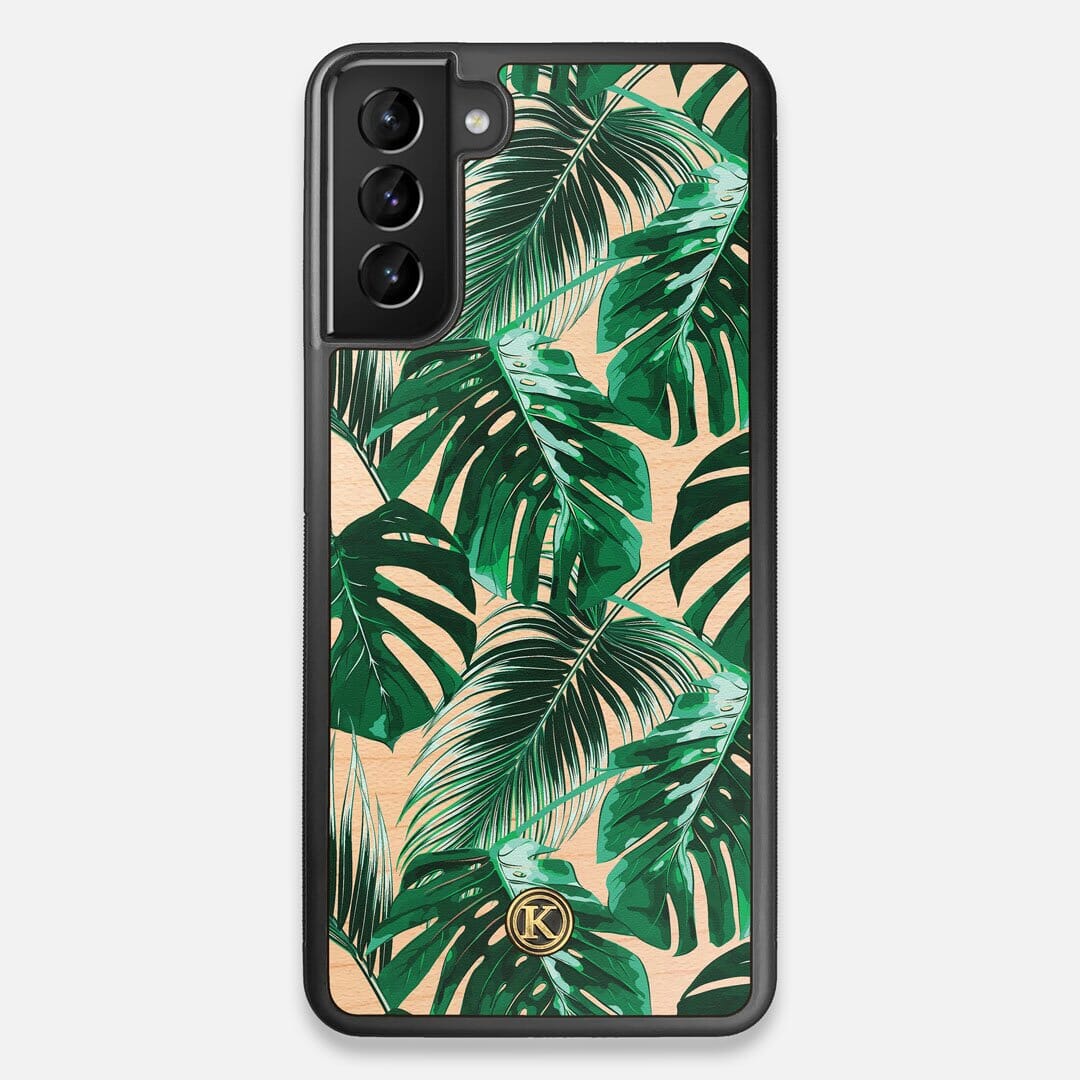 Front view of the Palm leaf printed Maple Wood Galaxy S21+ Case by Keyway Designs
