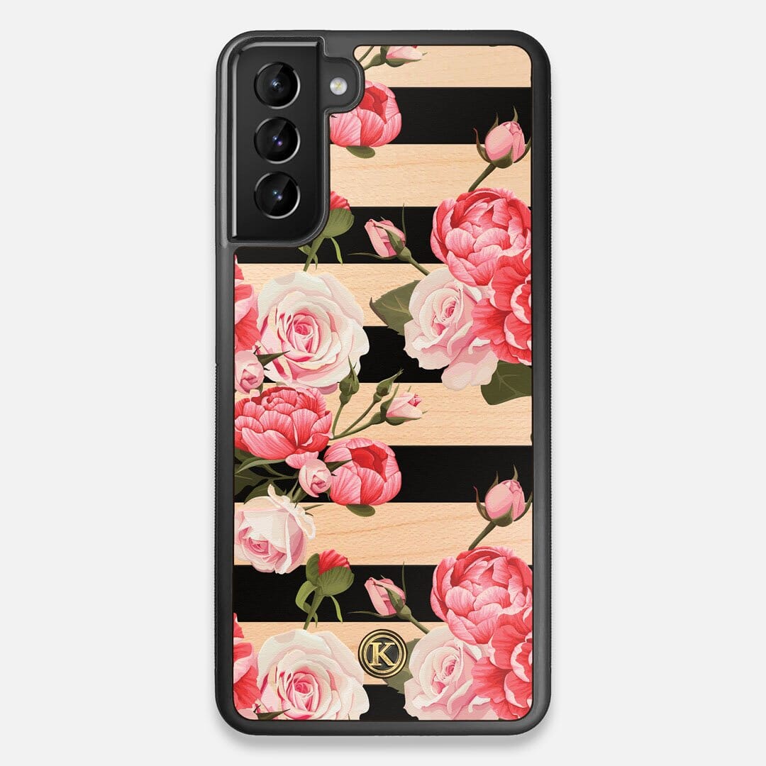Front view of the artsy print of stripes with peonys and roses on Maple wood Galaxy S21+ Case by Keyway Designs