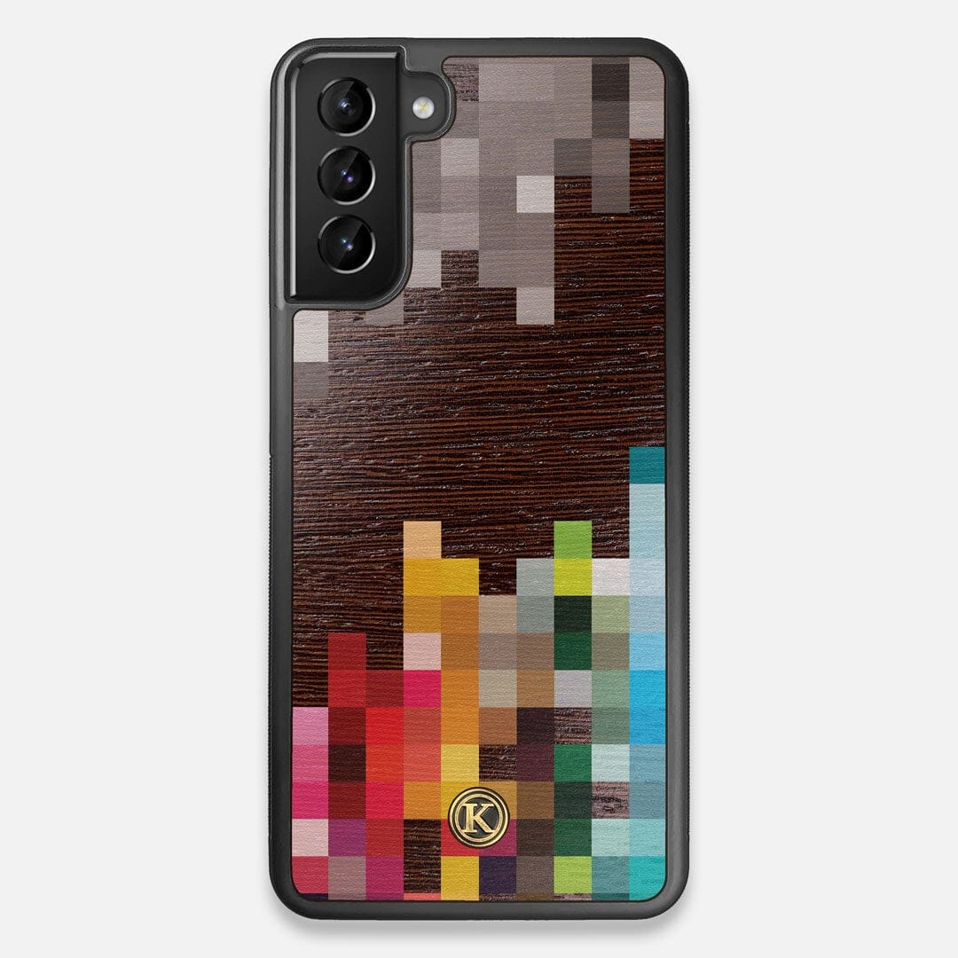 Front view of the digital art inspired pixelation design on Wenge wood Galaxy S21+ Case by Keyway Designs