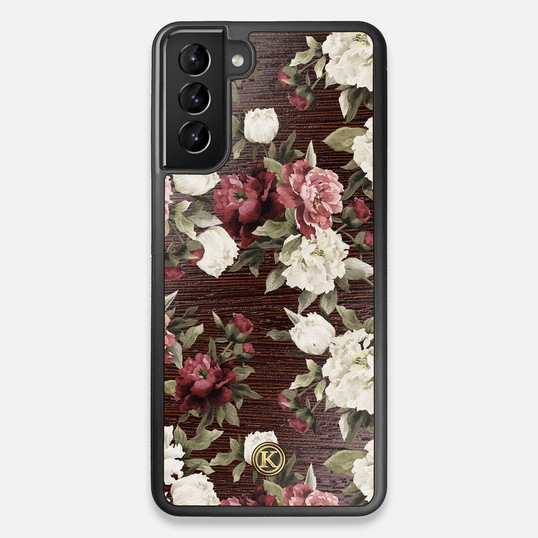 Front view of the Rose white and red rose printed Wenge Wood Galaxy S21+ Case by Keyway Designs
