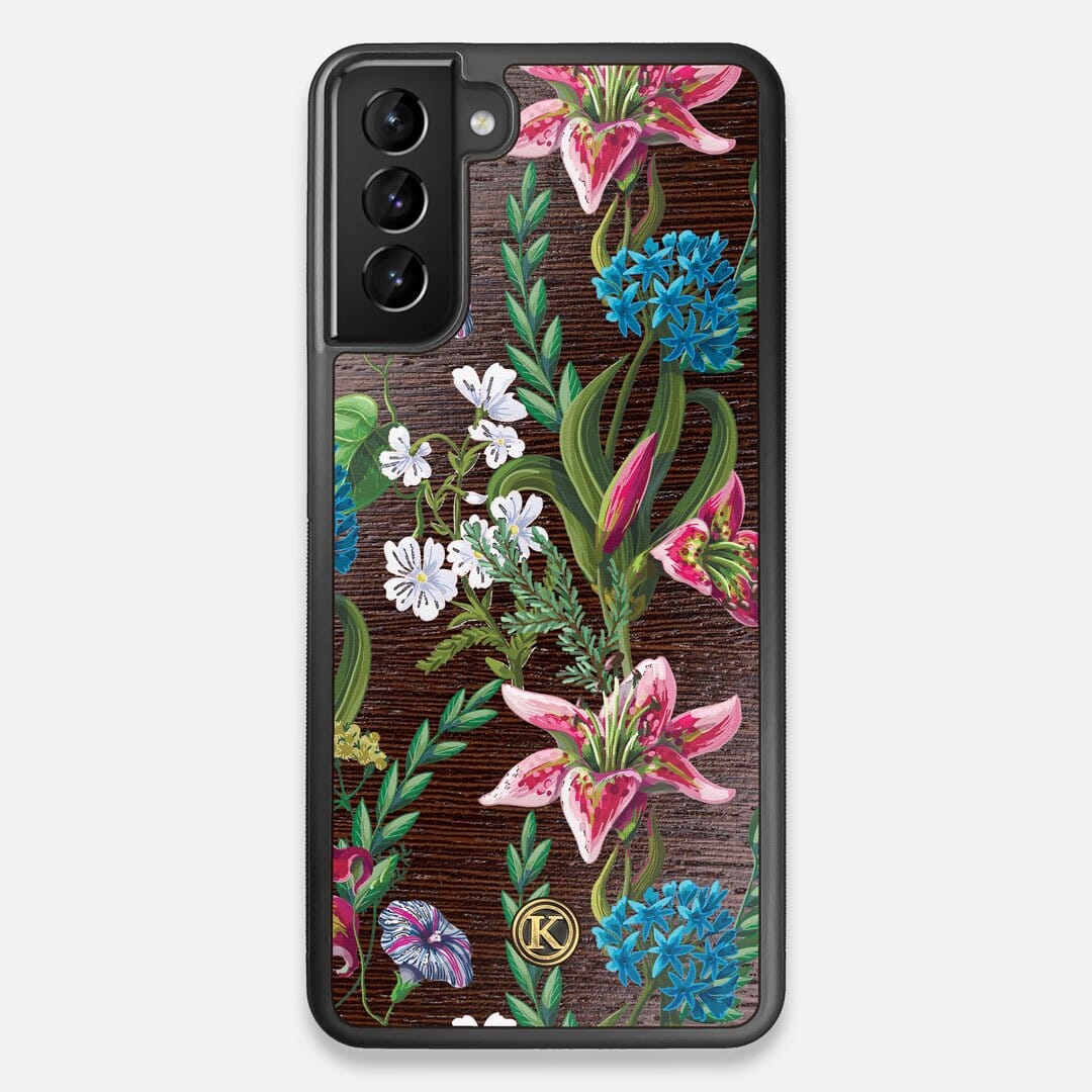 Front view of the Stargazer Lily printed Wenge Wood Galaxy S21+ Case by Keyway Designs