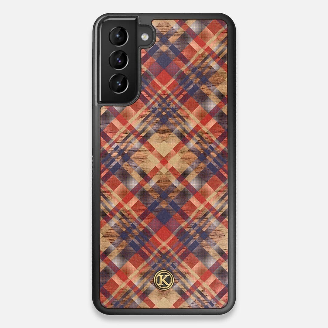 Front view of the Tartan print of beige, blue, and red on Walnut wood Galaxy S21+ Case by Keyway Designs