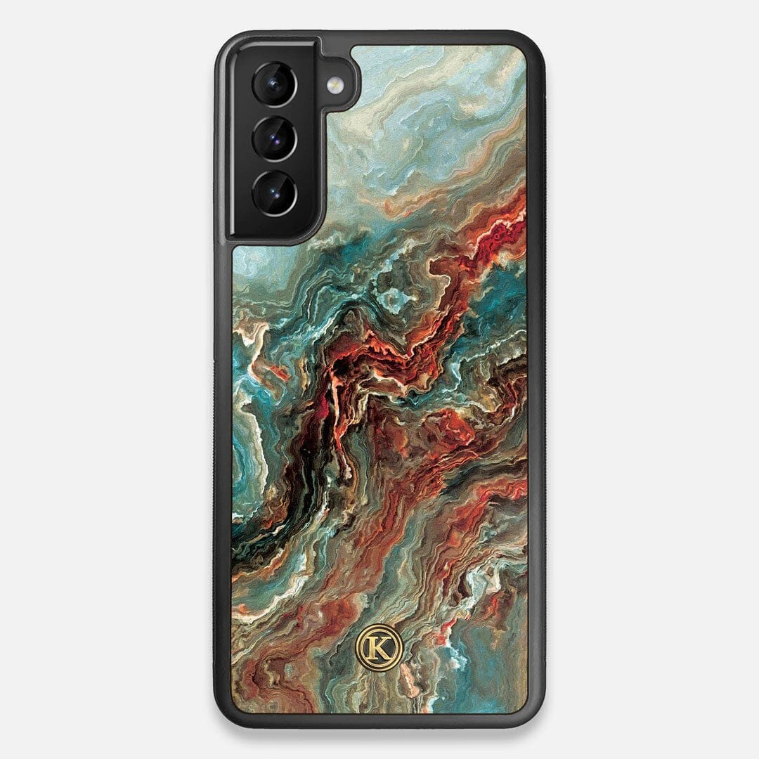 Front view of the vibrant and rich Red & Green flowing marble pattern printed Wenge Wood Galaxy S21+ Case by Keyway Designs
