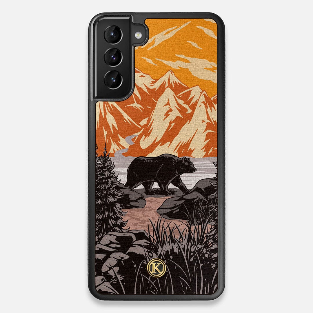 Front view of the stylized Kodiak bear in the mountains print on Wenge wood Galaxy S21+ Case by Keyway Designs