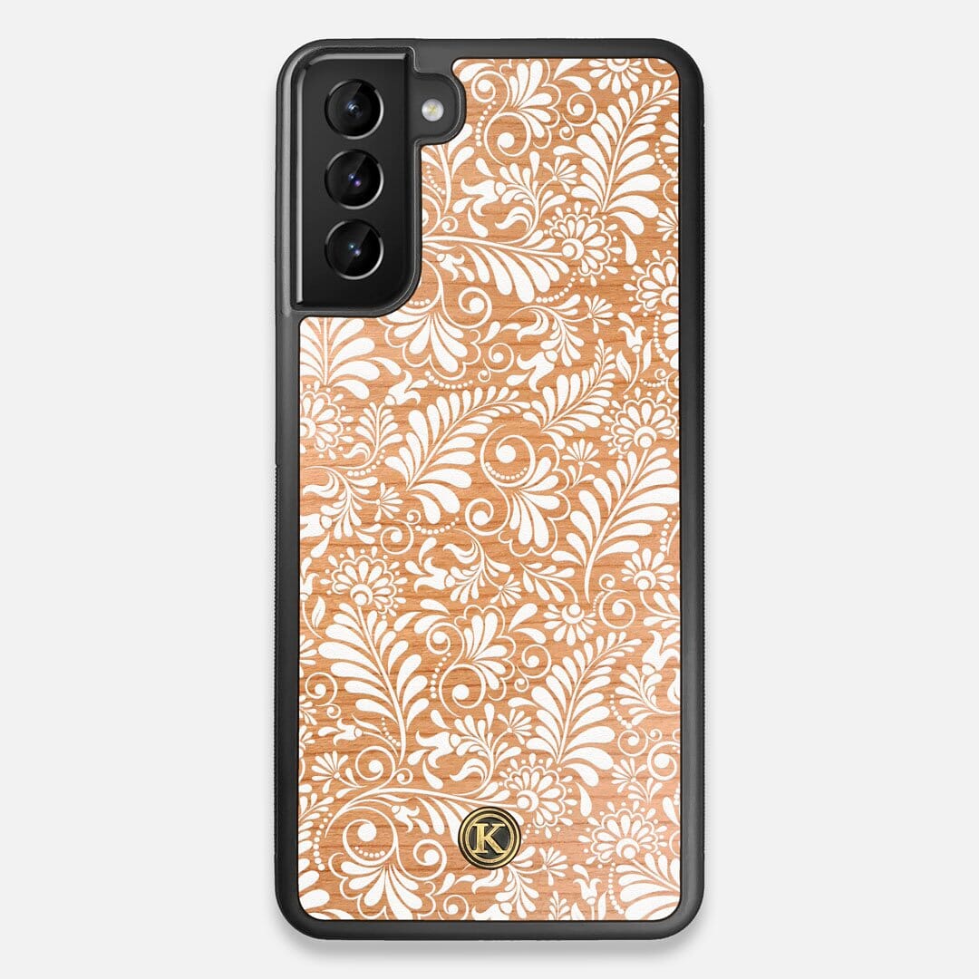 Front view of the white ink flowing botanical print on Cherry wood Galaxy S21+ Case by Keyway Designs