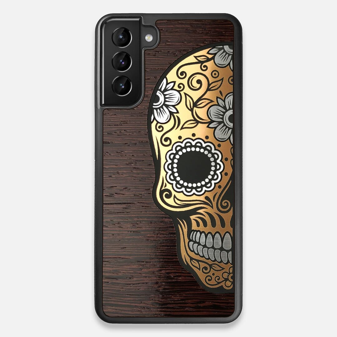 Front view of the Calavera Wood Sugar Skull Wood Galaxy S21 Plus Case by Keyway Designs