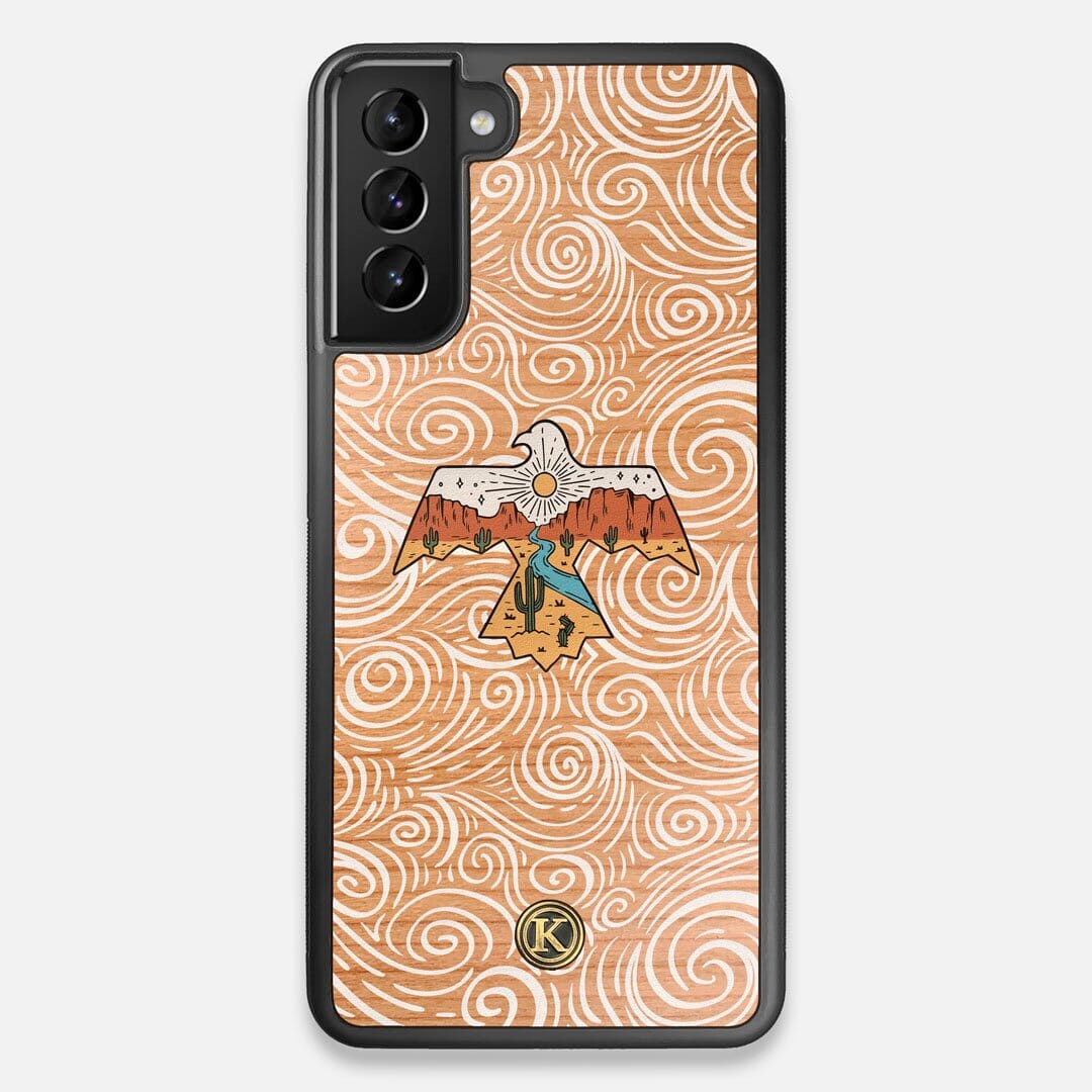 Front view of the double-exposure style eagle over flowing gusts of wind printed on Cherry wood Galaxy S21+ Case by Keyway Designs