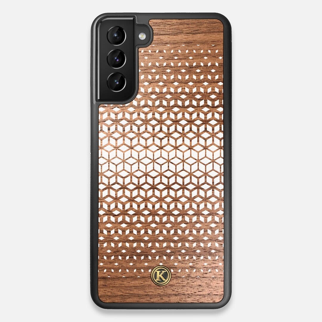 Front view of the white ink geometric gradient printed on Walnut wood Galaxy S21+ Case by Keyway Designs