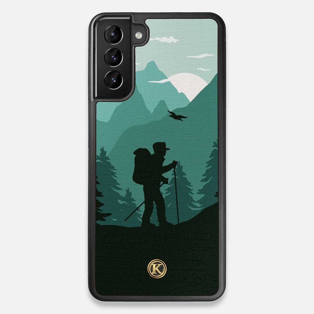 Front view of the stylized mountain hiker print on Wenge wood Galaxy S21+ Case by Keyway Designs