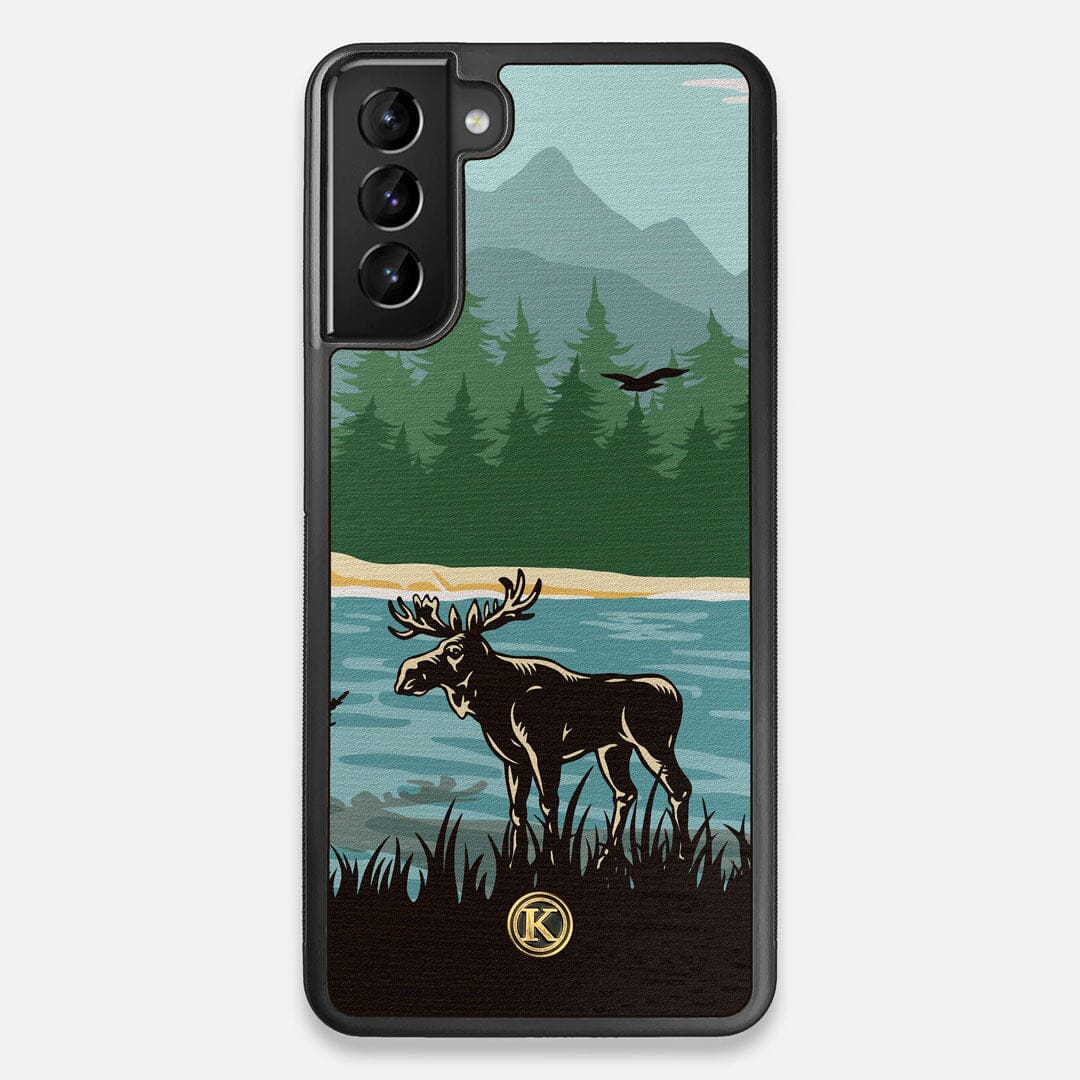 Front view of the stylized bull moose forest print on Wenge wood Galaxy S21+ Case by Keyway Designs