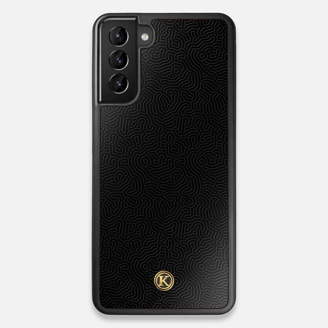 Front view of the highly detailed organic growth engraving on matte black impact acrylic Galaxy S21 Plus Case by Keyway Designs