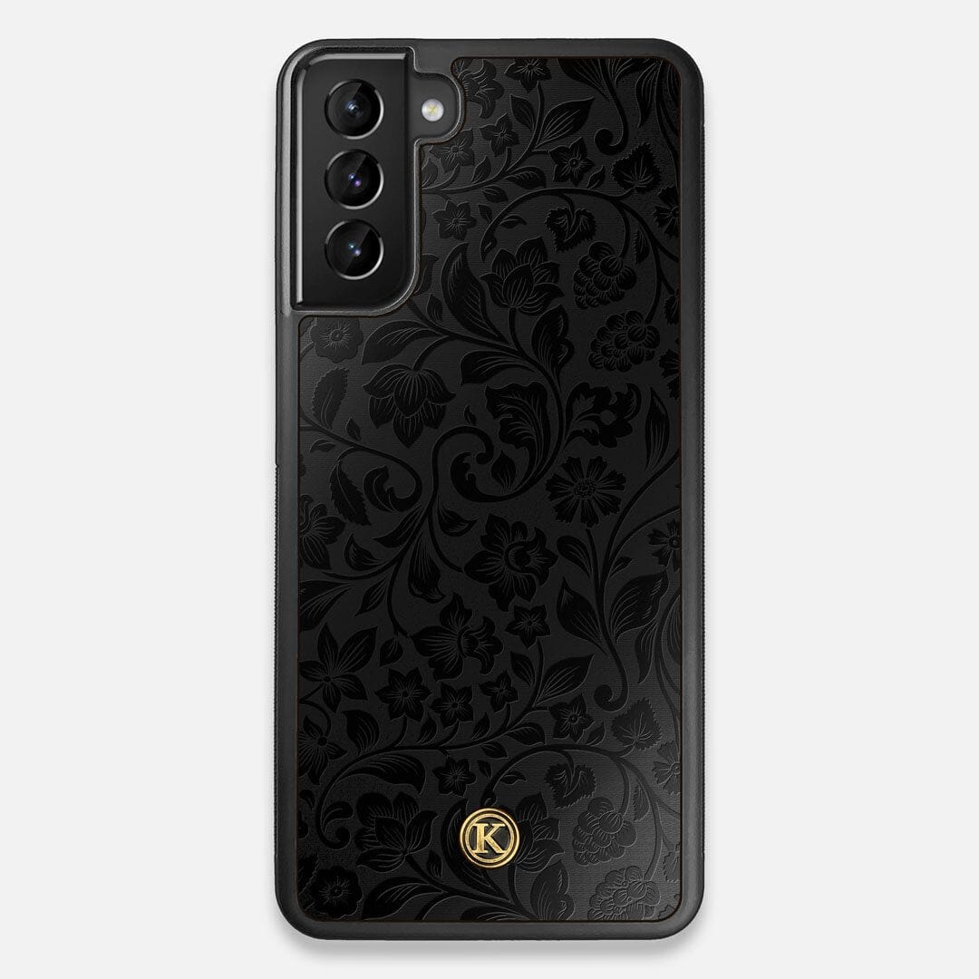 Front view of the highly detailed midnight floral engraving on matte black impact acrylic Galaxy S21 Plus Case by Keyway Designs