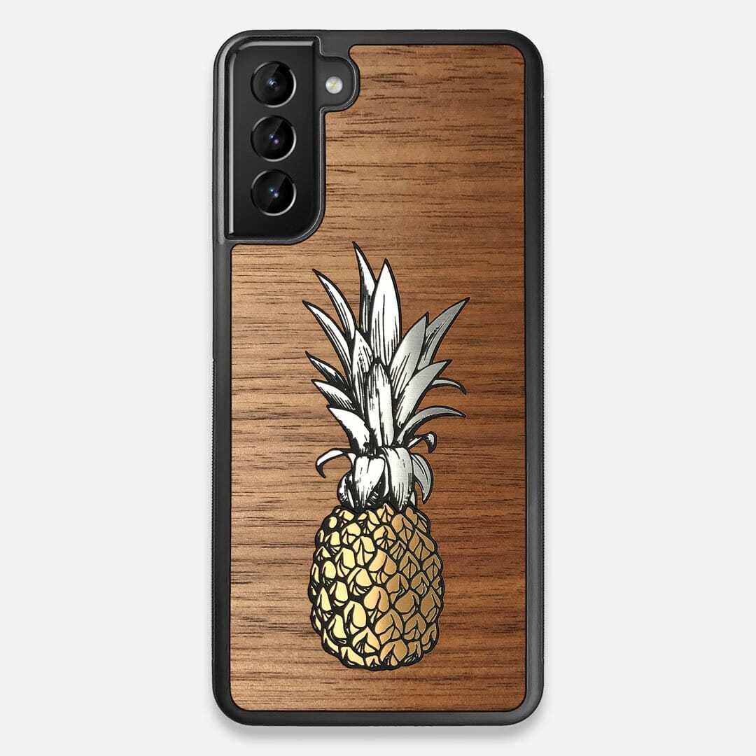 Front view of the Pineapple Walnut Wood Galaxy S21 Plus Case by Keyway Designs