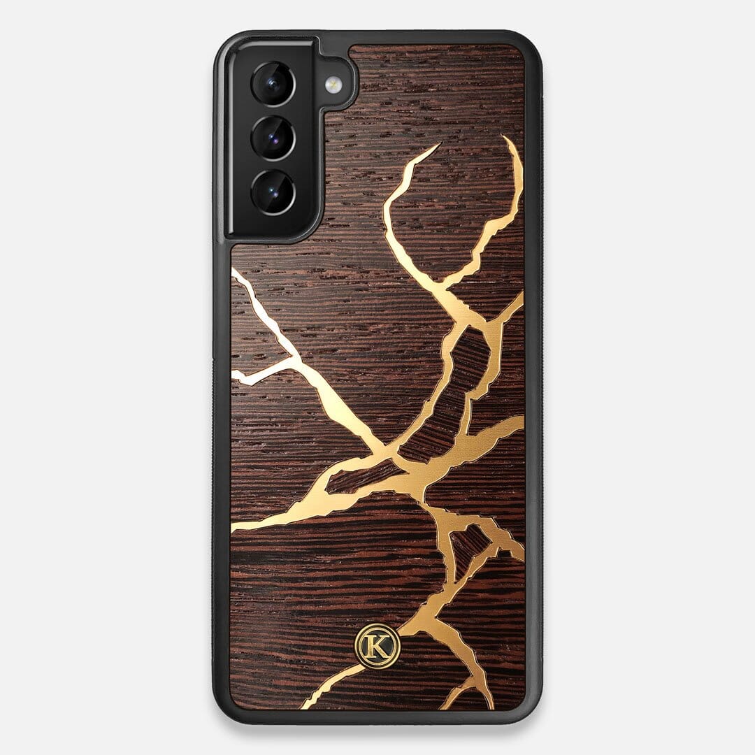Front view of the Kintsugi inspired Gold and Wenge Wood Galaxy S21 Plus Case by Keyway Designs