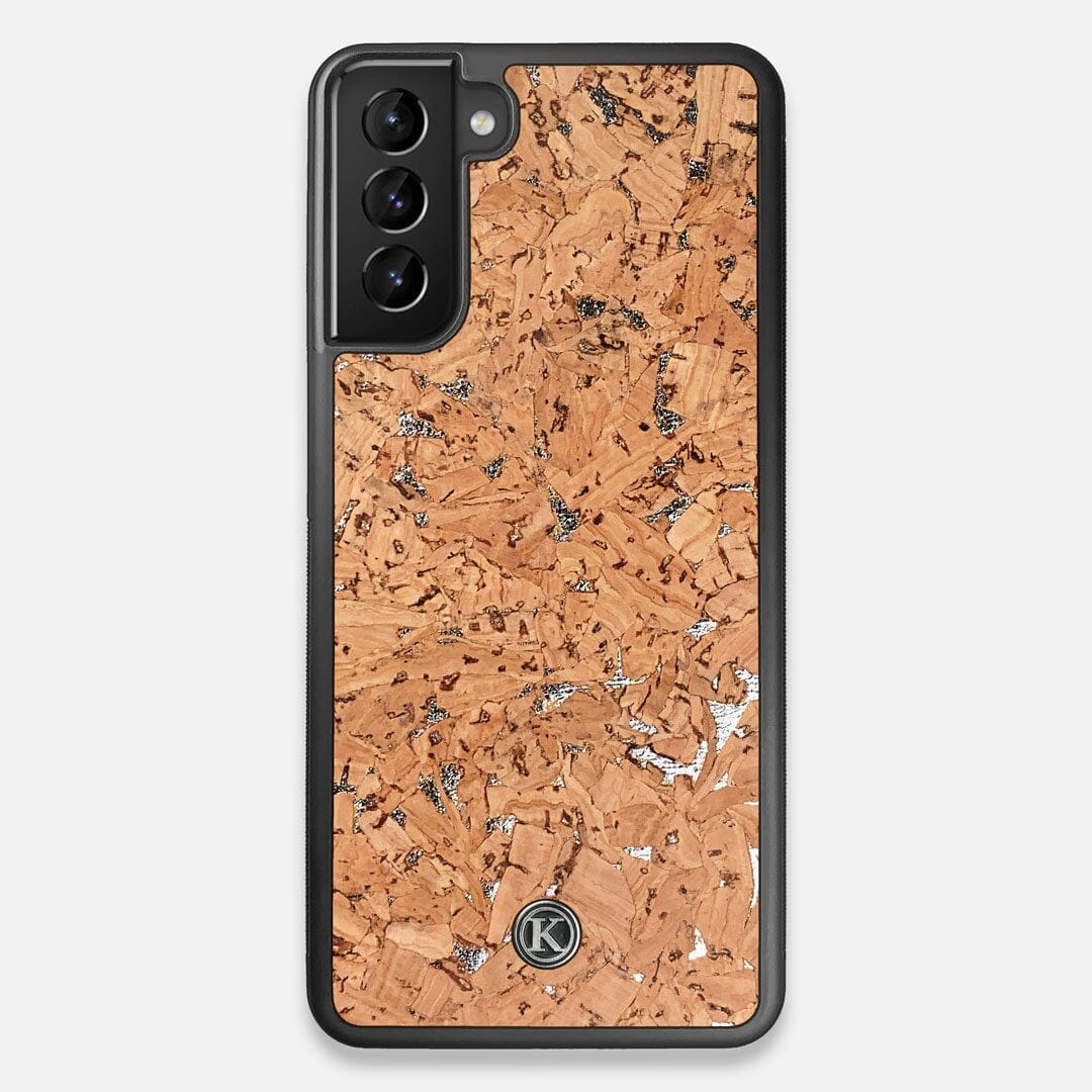 Front view of the silver fleck natural cork Galaxy S21+ Case by Keyway Designs