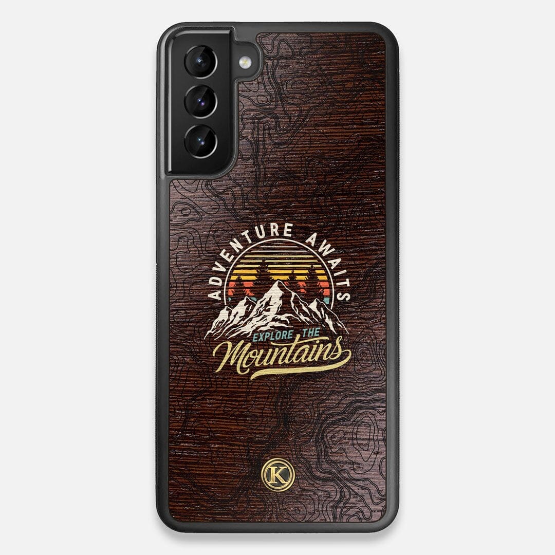 Front view of the crisp topographical map with Explorer badge printed on wenge wood Galaxy S21+ Case by Keyway Designs