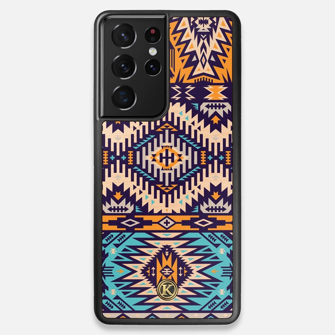 Front view of the vibrant Aztec printed Maple Wood Galaxy S21 Ultra Case by Keyway Designs