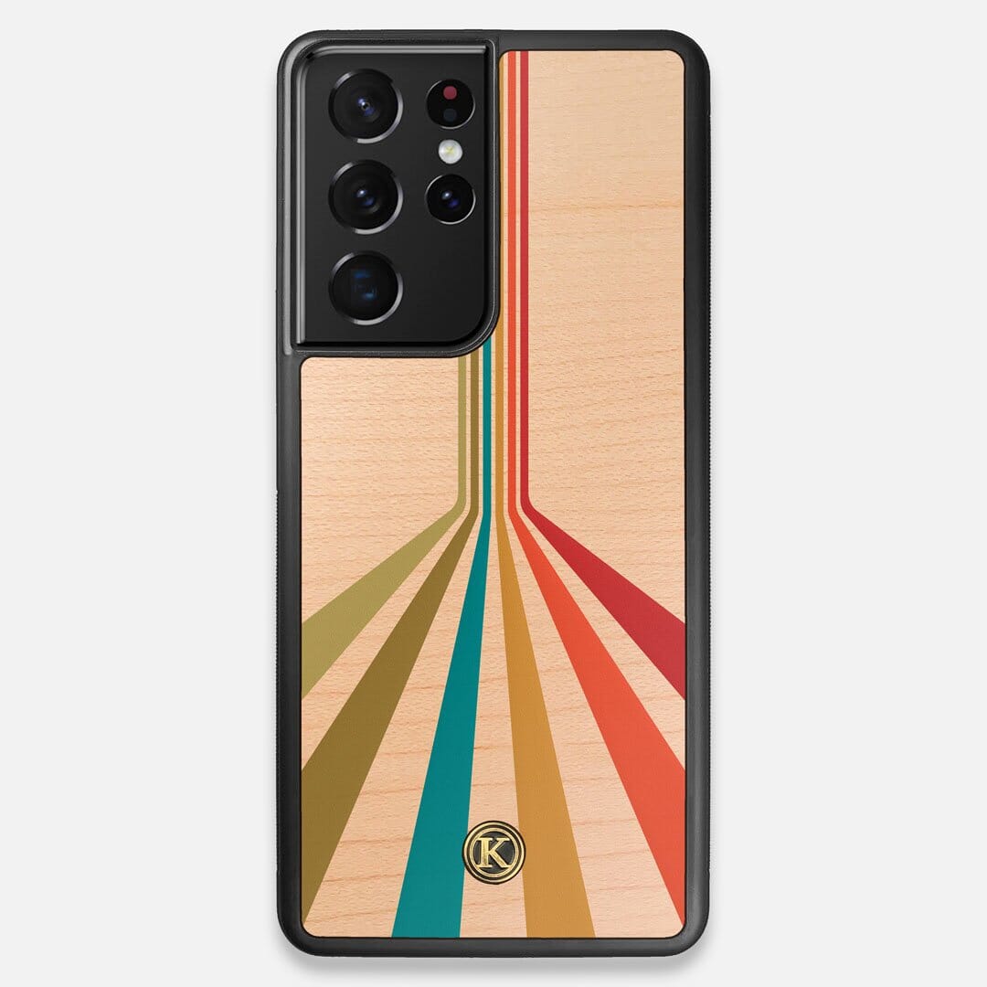 Front view of the array of colour beams splitting across the case printed on Maple wood Galaxy S21 Ultra Case by Keyway Designs