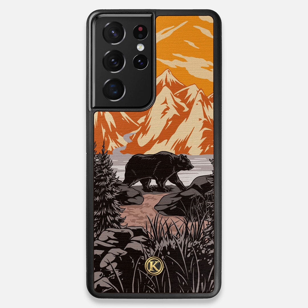 Front view of the stylized Kodiak bear in the mountains print on Wenge wood Galaxy S21 Ultra Case by Keyway Designs