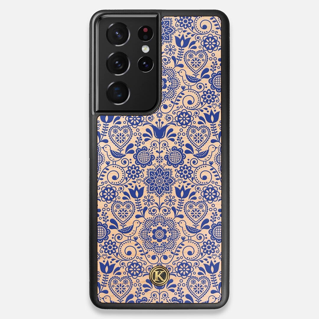Front view of the blue floral pattern on maple wood Galaxy S21 Ultra Case by Keyway Designs