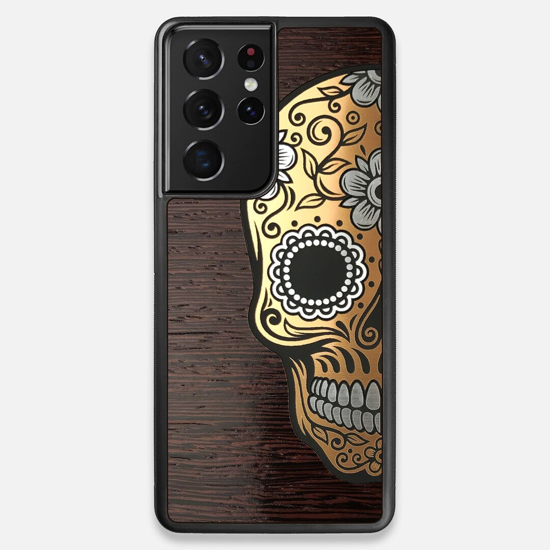 Front view of the Calavera Wood Sugar Skull Wood Galaxy S21 Ultra Case by Keyway Designs