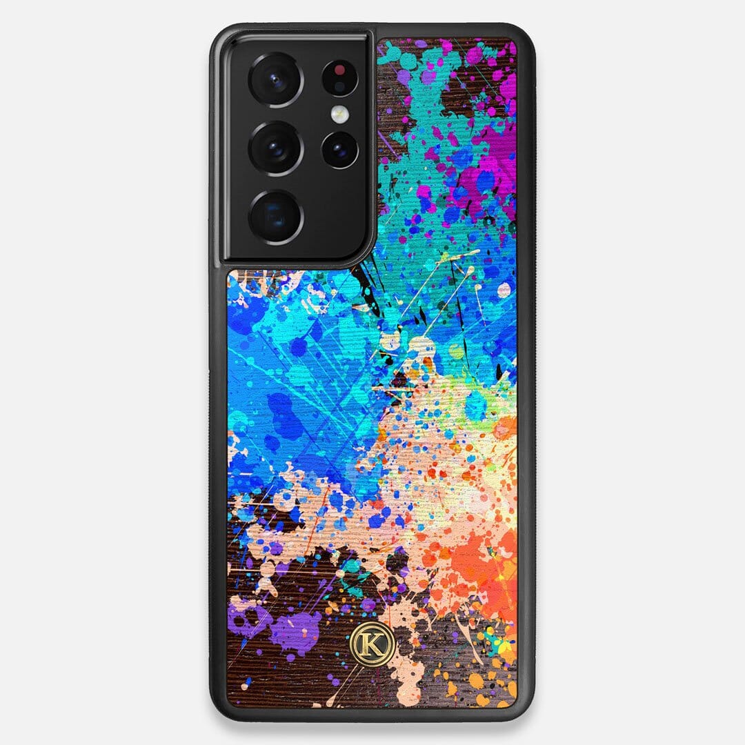 Front view of the realistic paint splatter 'Chroma' printed Wenge Wood Galaxy S21 Ultra Case by Keyway Designs