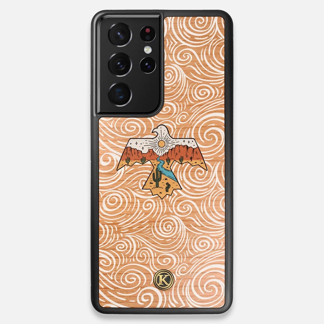 Front view of the double-exposure style eagle over flowing gusts of wind printed on Cherry wood Galaxy S21 Ultra Case by Keyway Designs