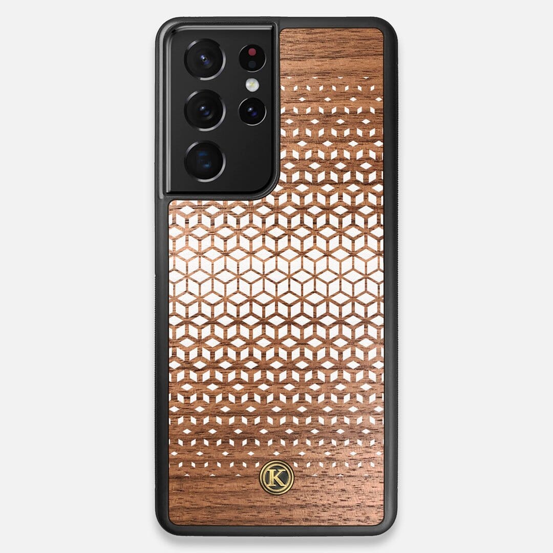 Front view of the white ink geometric gradient printed on Walnut wood Galaxy S21 Ultra Case by Keyway Designs
