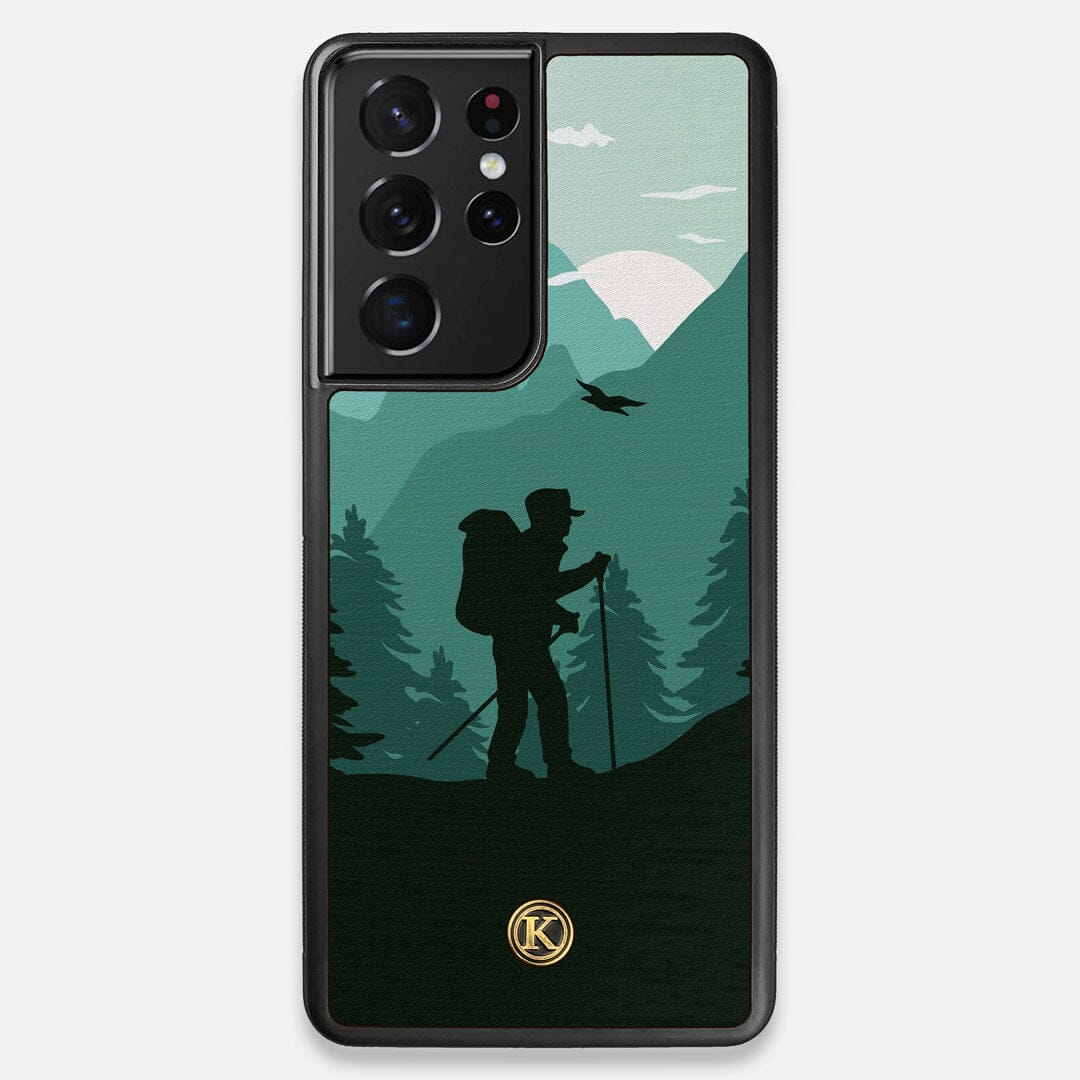 Front view of the stylized mountain hiker print on Wenge wood Galaxy S21 Ultra Case by Keyway Designs