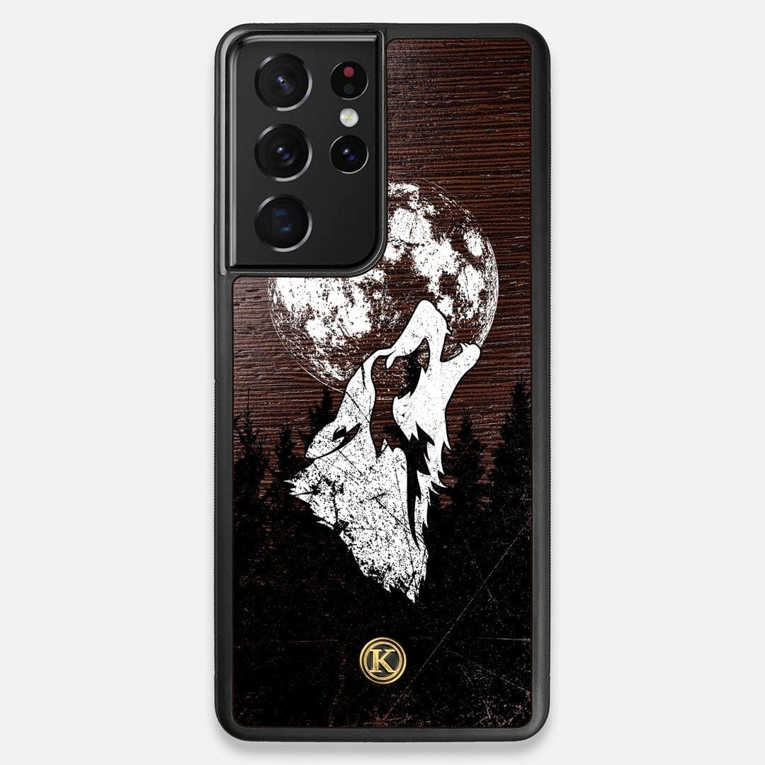 Front view of the high-contrast howling wolf on a full moon printed on a Wenge Wood Galaxy S21 Ultra Case by Keyway Designs