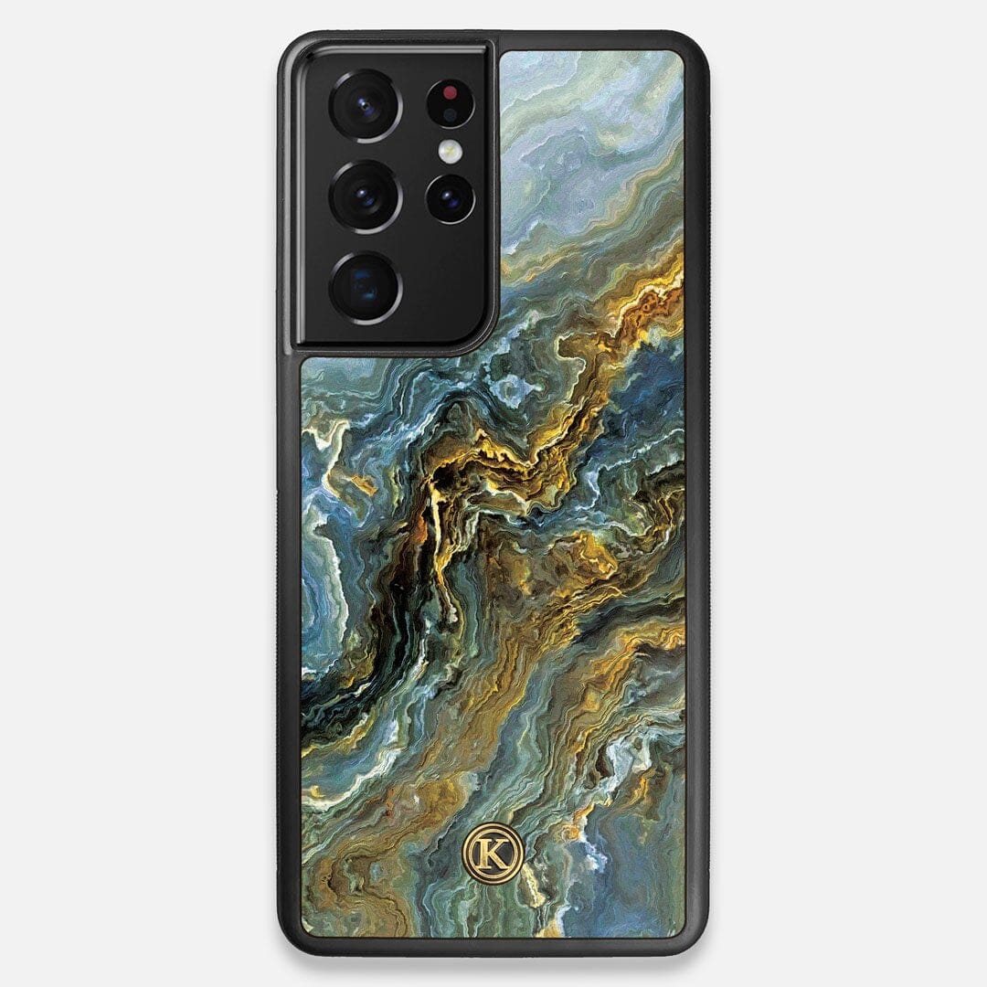 Front view of the vibrant and rich Blue & Gold flowing marble pattern printed Wenge Wood Galaxy S21 Ultra Case by Keyway Designs