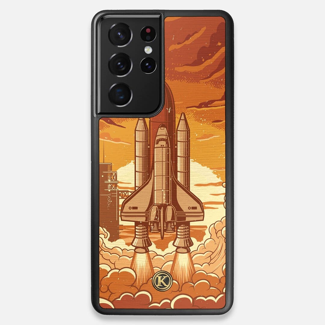 Front view of the vibrant stylized space shuttle launch print on Wenge wood Galaxy S21 Ultra Case by Keyway Designs
