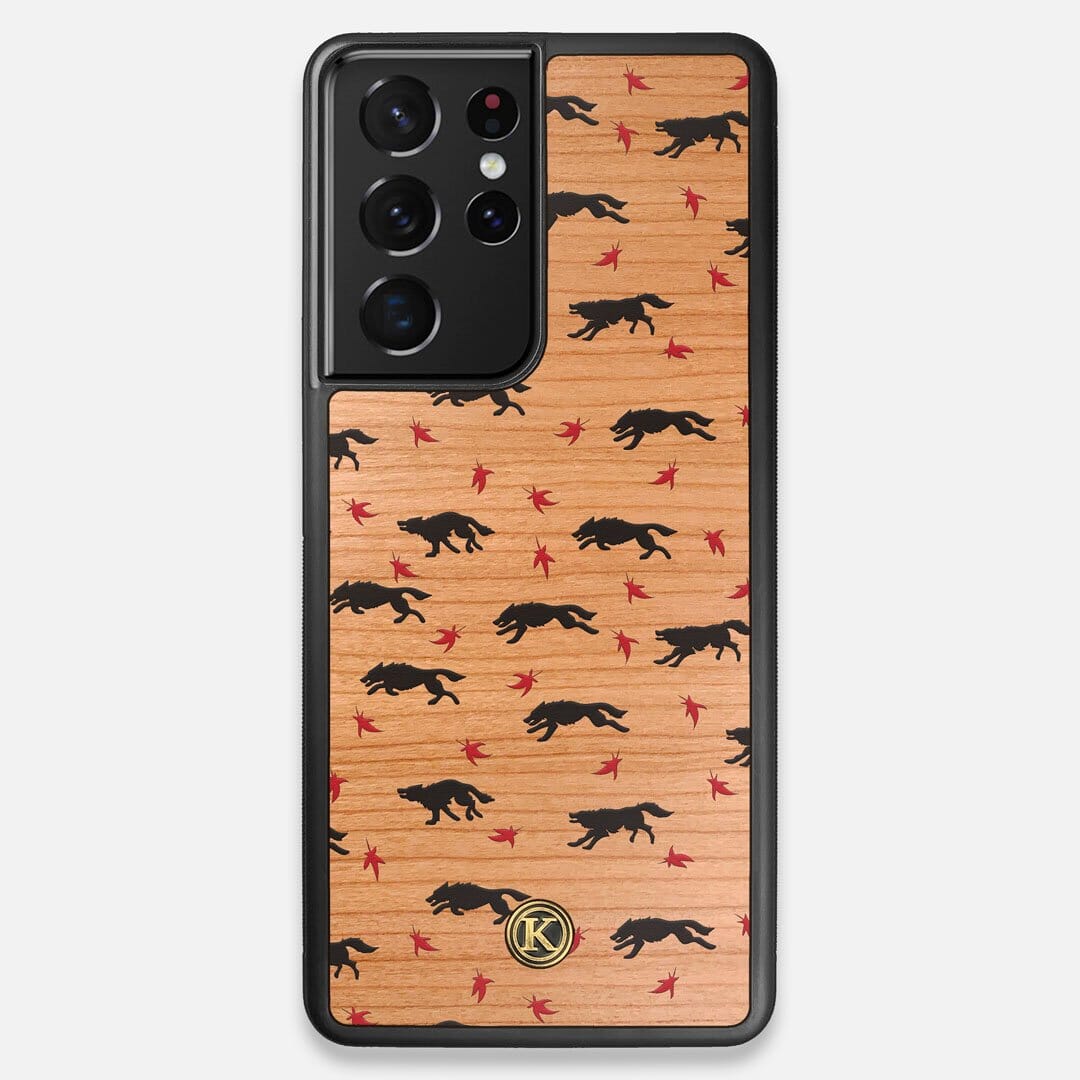 Front view of the unique pattern of wolves and Maple leaves printed on Cherry wood Galaxy S21 Ultra Case by Keyway Designs