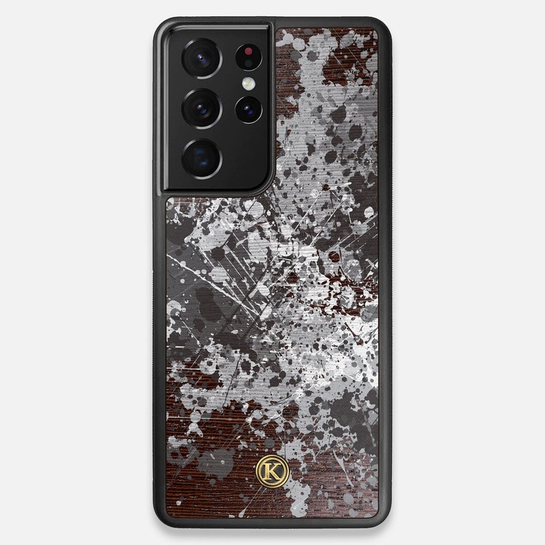 Front view of the aggressive, monochromatic splatter pattern overprintedprinted Wenge Wood Galaxy S21 Ultra Case by Keyway Designs