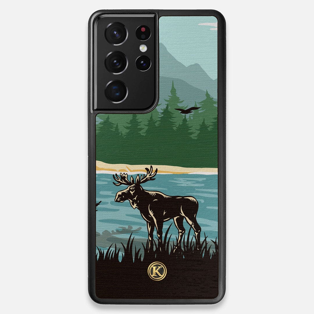 Front view of the stylized bull moose forest print on Wenge wood Galaxy S21 Ultra Case by Keyway Designs