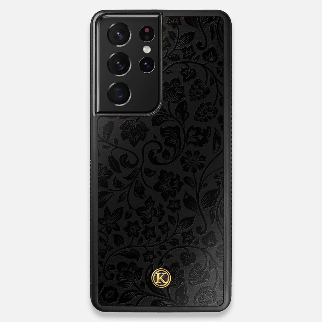Front view of the highly detailed midnight floral engraving on matte black impact acrylic Galaxy S21 Ultra Case by Keyway Designs