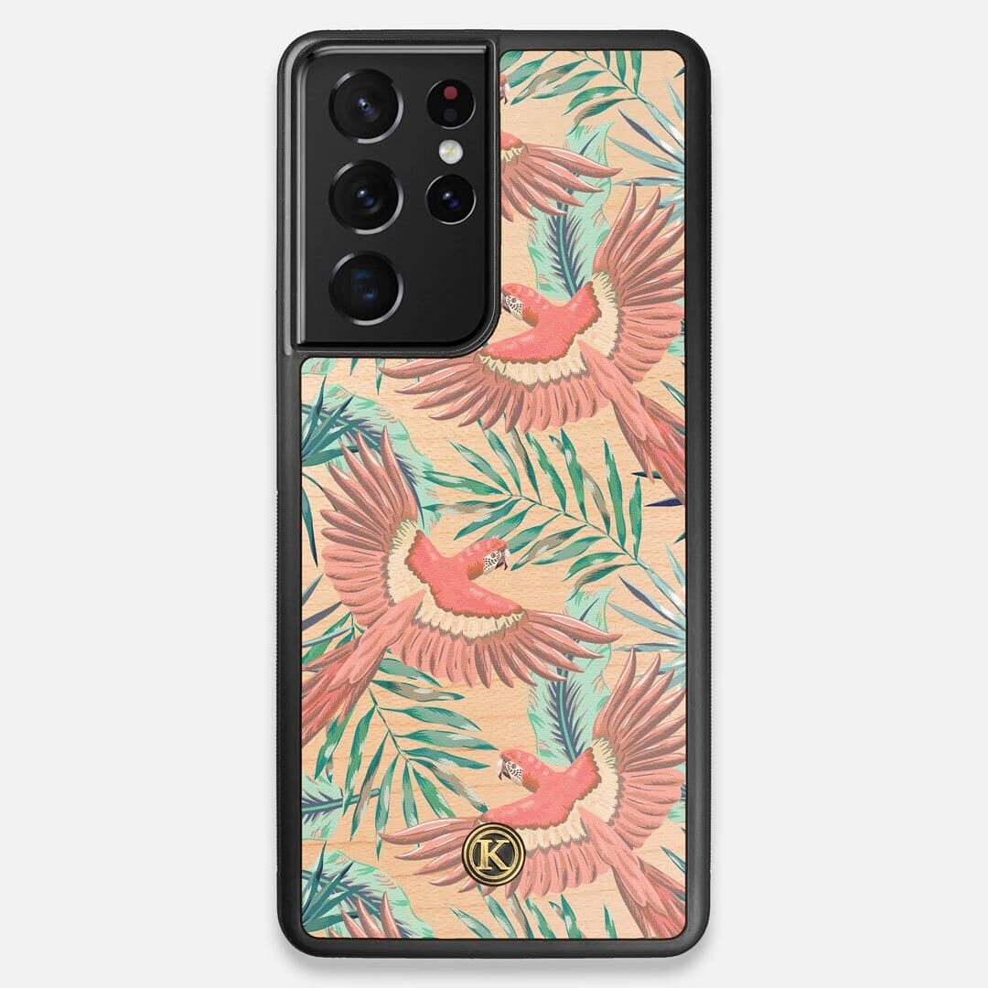 Front view of the Paradise Macaw and Tropical Leaf printed Maple Wood Galaxy S21 Ultra Case by Keyway Designs
