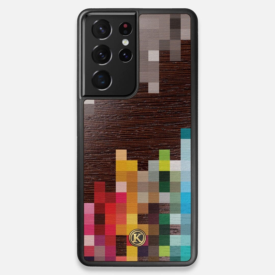 Front view of the digital art inspired pixelation design on Wenge wood Galaxy S21 Ultra Case by Keyway Designs